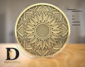 Sunflower Mandala 3D Engraving Files: Fiber Laser SVG STL, Depthmap, Coin Design