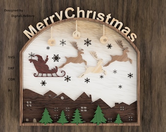 May include: A wooden cutout of a Christmas scene with the words "Merry Christmas" at the top. The scene includes Santa Claus in his sleigh pulled by reindeer, a snowy landscape with trees, and snowflakes.