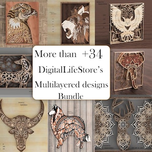 Può includere: Una collezione di oltre 34 design in legno a strati per il taglio laser. I design includono una varietà di animali, tra cui un lupo, un'aquila, un cervo, un elefante, una volpe e un toro. I design sono intricati e dettagliati e sarebbero perfetti per creare regali unici e personalizzati o decorazioni per la casa.