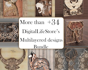 36 DigitalLifeStore's Multilayered designs, laser cut files, Animal mandala designs laser cutting file,laser cut bundle,glowforge files