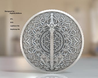 Layered mandala sword 3d engraving files,Stl fiber laser engraving designs , coin engraving layered mandala sword laser cut file design