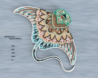 May include: A detailed mandala design of a manta ray with intricate patterns in shades of brown, blue, and white. The design is perfect for laser cutting or crafting.