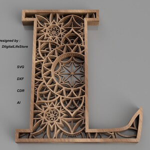 L Carta estratificada mandala svg, LASER CUT FILES,laser cut alphabet,cnc router file,laser layered mandala svg,layered letter svg laser cut files