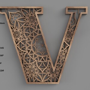 Letra de mandala em camadas V, ARQUIVOS DE CORTE A LASER cortados a laser, arquivo de roteador cnc, arquivos de mandala de alfabeto cortados a laser, arquivos de corte a laser de letras de alfabeto dxf svg