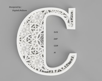 Layered Mandala Letter C LASER CUT FILES laser cut ,cnc router file,laser cut Alphabet Mandala file,dxf svg Alphabet Letter C laser cut file