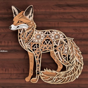 Layered Mandala Fox taglio laser file in formato svg dxf, file cnc taglio laser Mandala, file di taglio cricut Glowforge, taglio laser mandala volpe file di taglio laser