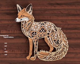 May include: A laser cut wooden fox with intricate mandala designs. The fox is standing on a wooden surface. Designed by: DigitalLifeStore. SVG, DXF, AI, DWG, CDR.