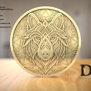 Fichiers de gravure 3D mandala chien-loup SVG, conceptions de gravure laser à fibre STL, gravure de pièces de monnaie conception de fichier laser STL mandala en couches, impression 3D cnc