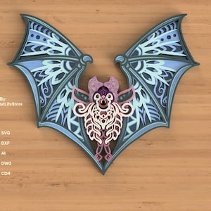 Pliki wycinane laserowo z mandali w kształcie nietoperza w formacie svg dxf, cięcie laserowe, pliki cnc, pliki cricut Glowforge, grawerowanie warstwowe mandali w kształcie nietoperza pliki wycinane laserowo