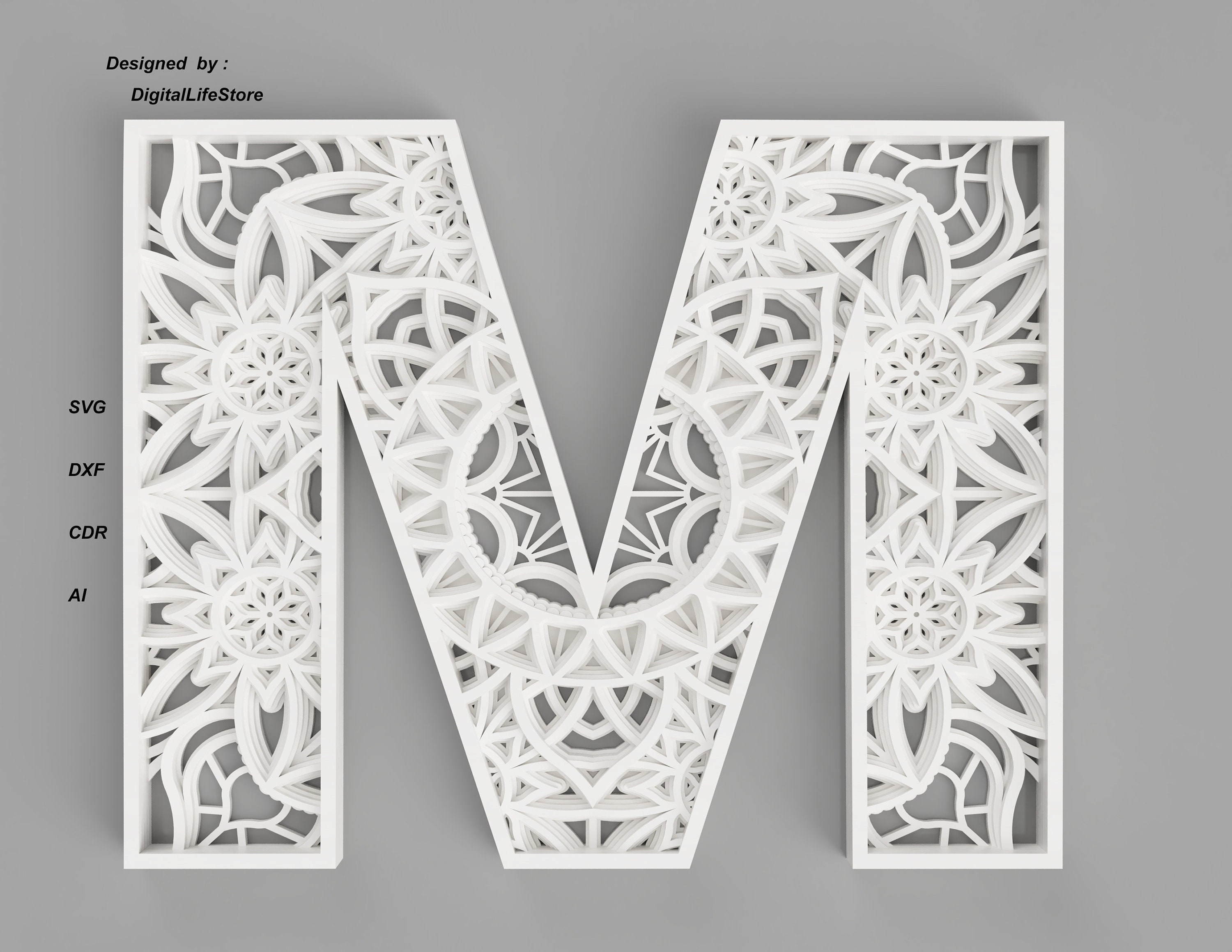 Layered Letter M Mandala SVG: Laser Cut File, CNC Router (Digital Download)