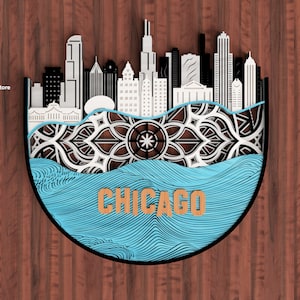 Mandala em camadas paisagem urbana de CHICAGO, arquivos de corte a laser, corte a laser, gravação de arquivos Glowforge, arquivos de corte a laser, arquivo de corte a laser do horizonte de Chicago