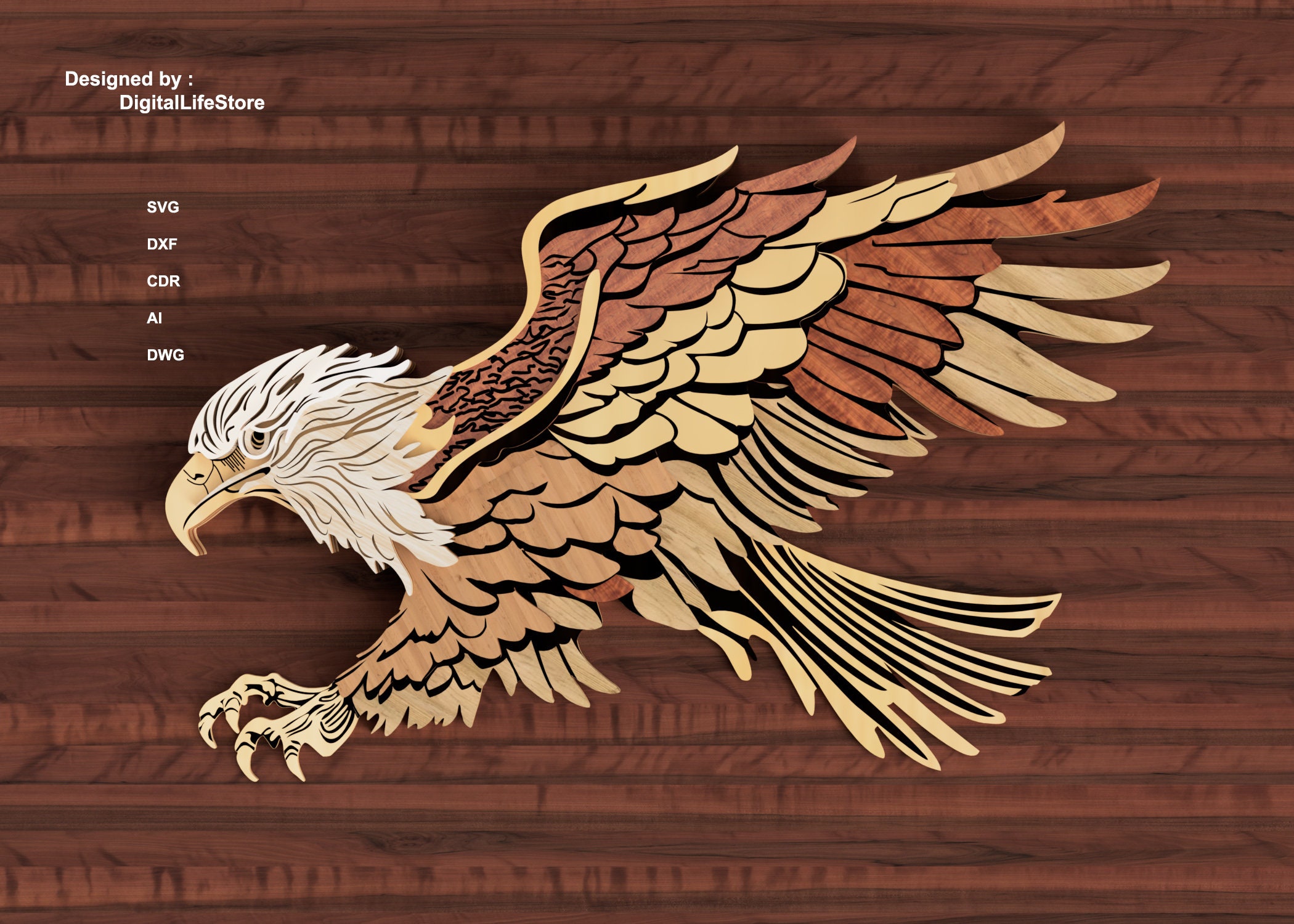 Grabado láser de madera hiperdetallado de 8K y corte de un águila ·  Creative Fabrica