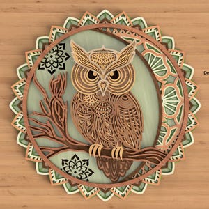 File di taglio laser gufo a strati Mandala svg, file di incisione, taglio laser, file cnc, file di taglio svg, file glowforge, file di taglio laser gufo svg cricut