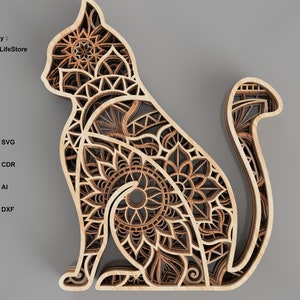 cat layered Mandala laser cut files,cnc laser cut svg,cnc router laser cut Mandala cricut glowforge ,cat layered mandala svg laser cut files