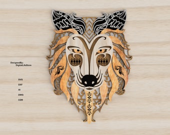 May include: A wooden cutout of a wolf's face with intricate details and a geometric pattern. The wolf's face is in shades of brown and black, with a white background.