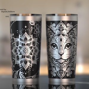 Mandala Cat 20oz Tumbler Laser Engraved Full Wrap Design (SVG)