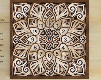 Relógio de mandala em camadas Arquivos de corte a laser multicamadas, corte a laser, arquivos de roteador CNC, arquivos Cricut, arquivos Glowforge, arquivos de corte a laser, arquivo de corte a laser