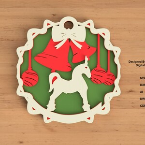 Layered Christmas Ornament SVG DXF: Unicorn, Bells Laser Cut File