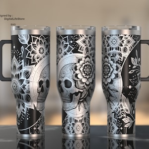 40 oz mandala schedel lasergegraveerd volledig wrap ontwerp voor voor laser roterende machine, beker svg ontwerp, mandala schedel lasergravure ontwerp