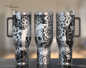40oz Mandala skull Laser Engraved full Wrap Design for For Laser Rotary Machine,Tumbler svg design,Mandala skull laser engrave design