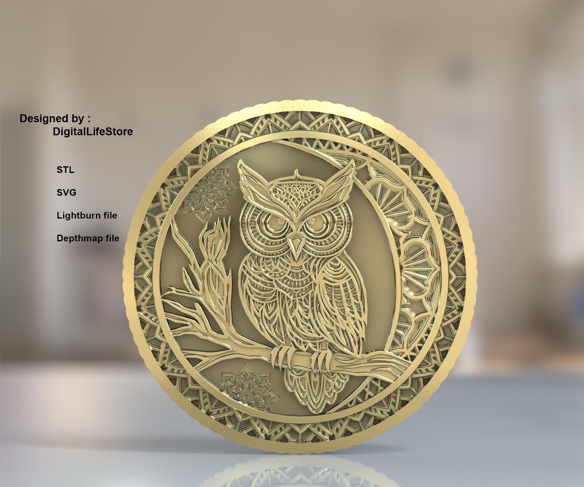 Mandala Owl Fiber laser 3d Engraving Design : SVG, STL, Depthmap, Lightburn files