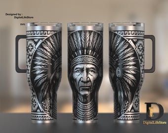 Native American 40oz Tumbler laser engraving file: SVG, Laser Rotary,Full Wrap design