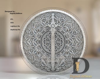 Layered mandala sword 3d engraving files, fiber laser engraving designs , coin engraving sword lightburn depthmap laser cut file design