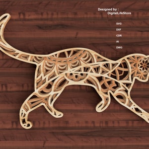 chat en couches Mandala découpé au laser fichiers svg dxf, cnc fichier coupé glowforge découpé au laser Mandala cricut, chat en couches mandala svg dxf chat découpé au laser fichiers