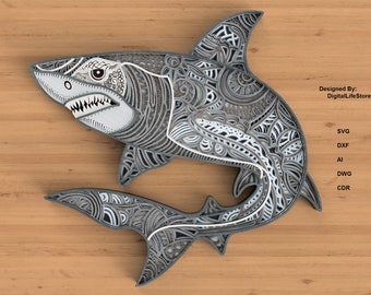 layered shark laser cut files svg,cricut cut files cnc files,shark mandala glowforge laser cutting files,mandala shark svg laser cut files