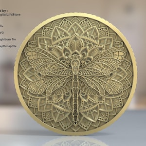 File di incisione 3D Mandala Dragonfly SVG, disegni di incisione laser a fibra STL, design di file laser STL mandala a strati per incisione di monete, stampa 3D