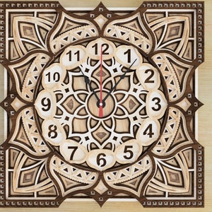 May include: A square, layered wooden clock with a mandala design. The clock face features large, white numerals against a light wood background. The hands are black with a red second hand. The design includes the text "Designed by: DigitalLifeStore".