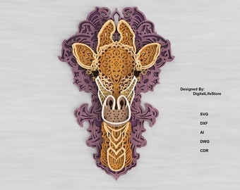 Archivos SVG de corte láser de jirafa / Mandala de jirafa en capas / Archivo para fresadora CNC / Diseño láser Glowforge / Patrón de corte multicapa