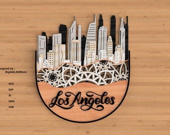 Geschichtete Los Angeles Skyline Multilayer Laser Cut Dateien - SVG Glowforge Dateien | Laserschnittdateien | Laserschnittdatei