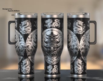 40oz Tumbler Laser Engraved Full Wrap Design: Dragon & Pagoda (SVG)