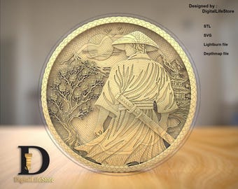 Ronin samurai coin Fiber laser 3D Engraving Files: SVG, STL, Depthmap, Lightburn file