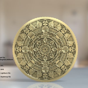 Gelaagde mandala 3D-gravurebestanden, STL-dieptekaart svg- en lighburn-bestand, vezellasergravureontwerp, muntgravure, mandala 3D-afdrukontwerp
