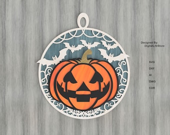 Halloween pompoen deurhanger meerlaagse lasergesneden bestanden SVG voor Glowforge en CNC-router