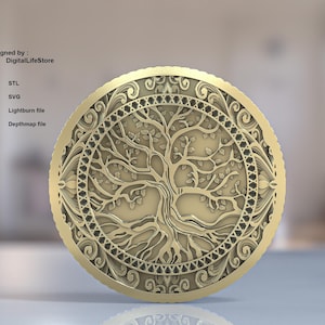 Arquivos de gravação 3D da Árvore da vida em camadas, projetos de gravação a laser de fibra STL, arquivos de gravação de moedas em camadas lightburn, arquivo de corte a laser da árvore da vida