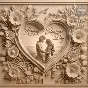 May include: A carved wooden heart with a couple inside, surrounded by flowers and leaves. The heart says "Happy Valentine's Day".