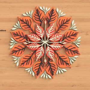 Könnte beinhalten: Ein digitaler Download eines Mandala-Designs mit orangefarbenen, weißen und schwarzen Blättern. Das Design ist perfekt für Bastelprojekte wie Papierschneiden, Vinyl-Aufkleber und mehr. Die enthaltenen Dateiformate sind SVG, DXF, AI, DWG und CDR.