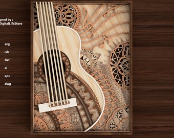layered guitar mandala svg,laser cut files,laser cut,cnc router files,cnc files,glowforge files,laser cutting files,guitar laser cut file