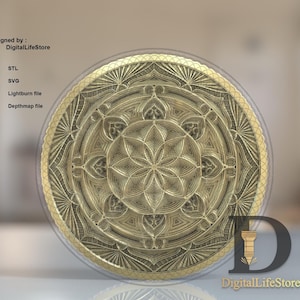 Mandala Coin Fiber laser 3D Engraving Files: SVG, STL, Depthmap, Lightburn file