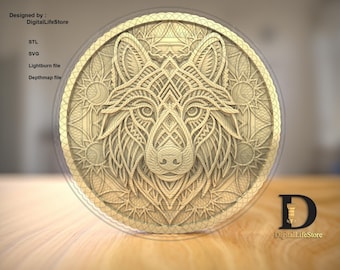 Wolf Dog Mandala  fiber laser 3D Engraving Files, Laser Cut SVG, STL, PNG