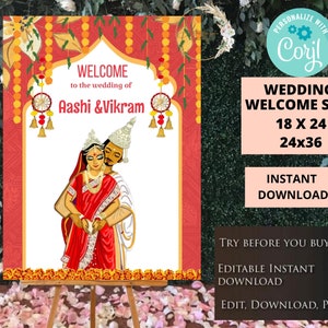 Bengali Wedding Signages for Indian Wedding easel sign Bengali couple, Bengali Welcome Signages Hindu, Bengali Wedding welcome poster Indian