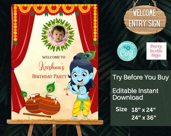 krishna Theme Birthday Decor, Indian Naming Ceremony Welcome Sign |Cradle Ceremony Welcome Sign Baby Cradle Decoration| Printable