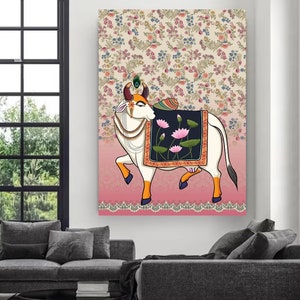 Indian Pichwai , pooja room decor,Indian art ,Pichhwai cow, print with lotus,indian home decor, Indian Lotus Poster,desi print,indian Print