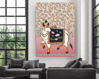 Indian Pichwai , pooja room decor,Indian art ,Pichhwai cow, print with lotus,indian home decor, Indian Lotus Poster,desi print,indian Print