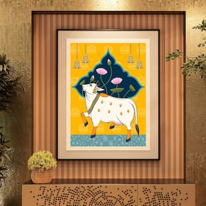 Indian Pichwai , pooja room decor,Indian art ,Pichhwai cow, print with lotus,indian home decor, Indian Lotus Poster,desi print,indian Print