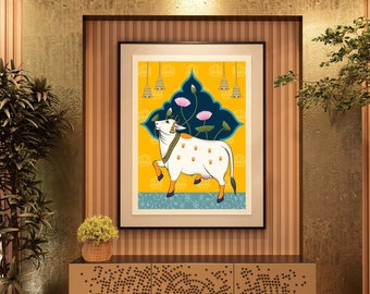 Indian Pichwai , pooja room decor,Indian art ,Pichhwai cow, print with lotus,indian home decor, Indian Lotus Poster,desi print,indian Print