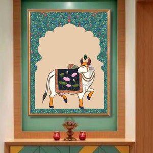 Indian Pichwai , pooja room decor,Indian art ,Pichhwai cow, print with lotus,indian home decor, Indian Lotus Poster,desi print,indian Print